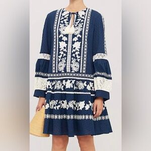 Tory Burch Embroidered Swiss Dot Boho Dress In Tory Navy- NWT- Size Medium